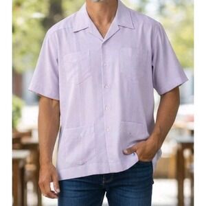 VTG 1970s Romani Coll Men's Guayabera Shirt Mexican SZ L Cuban Lilac PTP 24